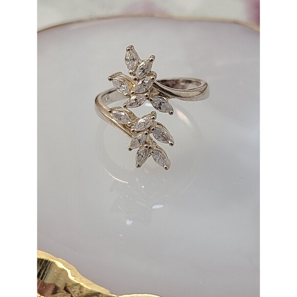 Sterling Silver Leaf Ring Size 8 Adj | Marquise CZ Floral Band Elegant Jewelry - Picture 1 of 6